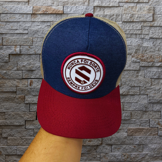 Boné Trucker Logo Redonda Nunca Foi Sorte Sempre Foi Deus Cor:Jeans